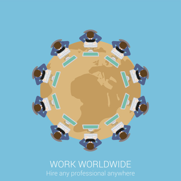 全球远程企业工作概念平面图标圆桌商人团队全球会议演示矢量网络插图网站点击信息图元素集合。图片下载