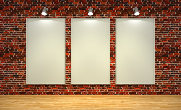 房间的空广告牌，旧红砖墙和木地板。3D渲染图片下载