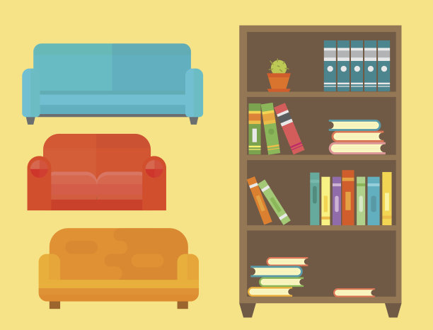 家具家居装饰图标集室内橱柜室内房间图书馆办公室书架现代卫生间剪影装饰矢量插图图片下载