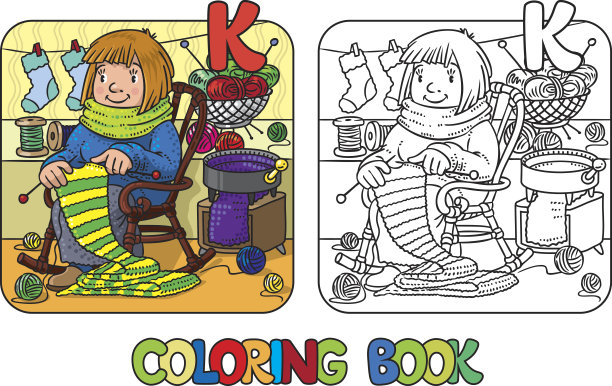 涂色书与有趣的编织妇女。图片下载