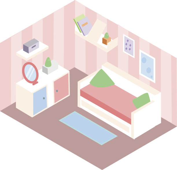 2.5D房间内部：粉色调公寓与白色家具，带沙发、书架、镜子的女孩卧室设计矢量素材图片下载