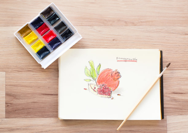 静物水彩画、毛笔和石榴画图片下载