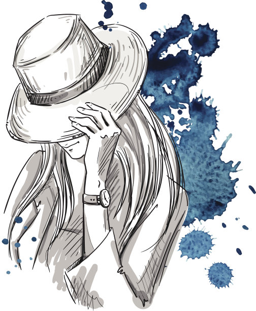 戴着帽子向下看的女孩。时装插图图片下载