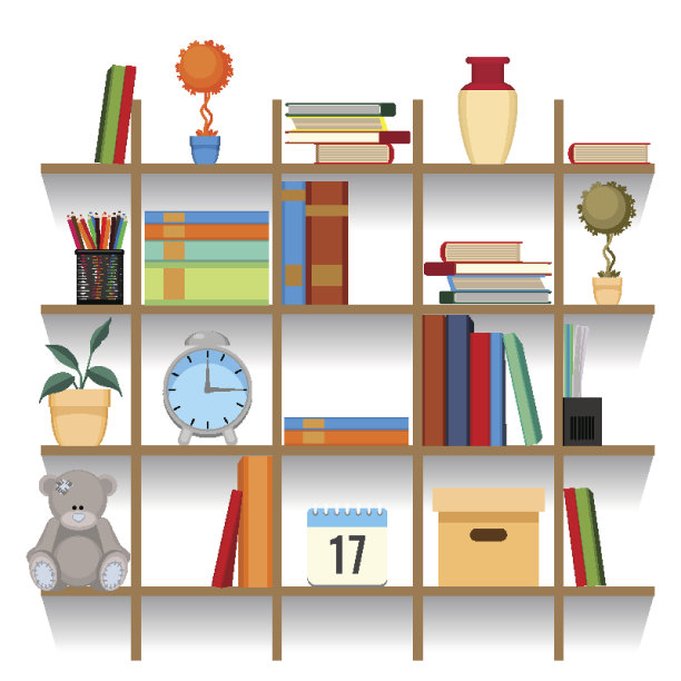 架子上的一套办公配件矢量插图。堆放的书图片下载