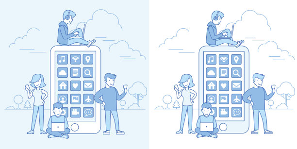 线性平的年轻人用他们的设备坐在巨大的智能手机上，站立矢量插图。移动应用程序的概念。蓝色的自然背景，有树和云。图片下载