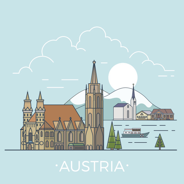奥地利国家设计模板。线性平坦著名历史景观;卡通风格的网站矢量插图。欧洲世界旅游展场，欧洲度假收藏。图片下载