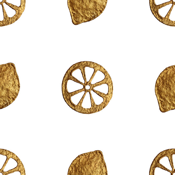 抽象的柠檬模式。金色手绘无缝背景。柑橘果金色插图。图片下载