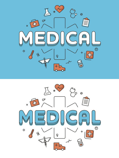 直线平坦的医疗字在紧急交叉和图标网站英雄图像矢量插图集。医疗保健理念。图片下载