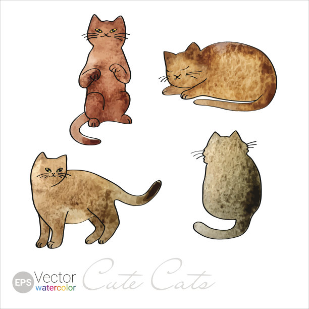 矢量水彩可爱的红猫。一套四幅彩色插图图片下载