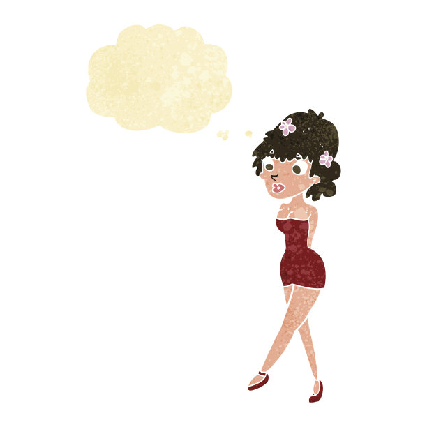卡通女人在服装摆姿势与思想泡泡图片下载