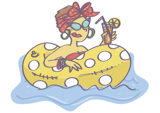 时髦的女人在水上游泳环与鸡尾酒图片下载