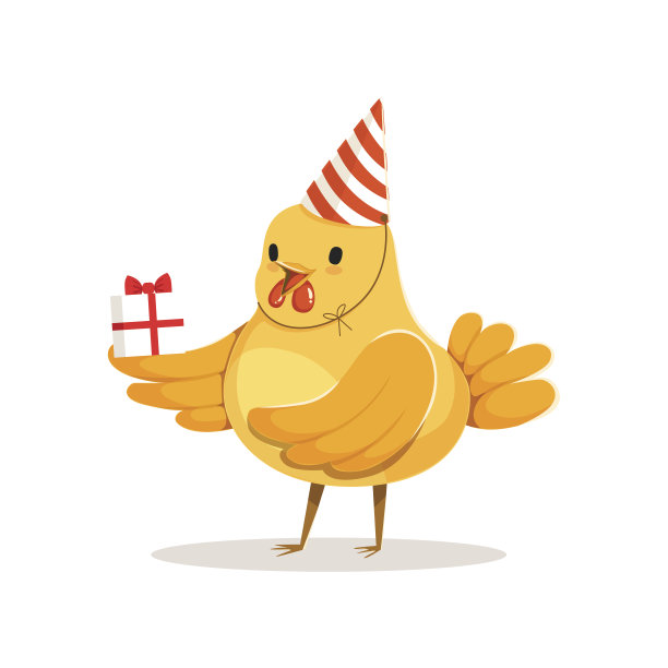 可爱的卡通鸡在一个聚会的帽子站着，并拿着礼品盒彩色人物矢量插图图片下载