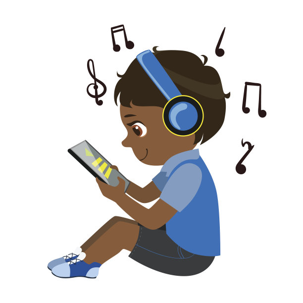 男孩阅读文字从平板电脑和听音乐通过耳机，部分儿童和现代小工具系列矢量插图图片下载