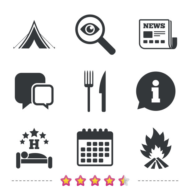 食物，睡眠，露营帐篷和火的标志。图片下载