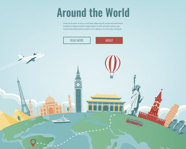 旅游作文与著名的世界地标。旅行和旅游。网站模板的概念。向量。图片下载