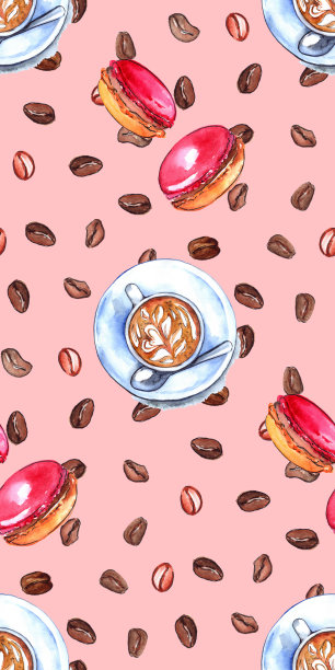 水彩咖啡杯和杏仁饼干无缝图案图片下载