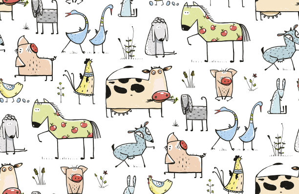 有趣的卡通村庄家畜无缝模式背景的孩子图片下载