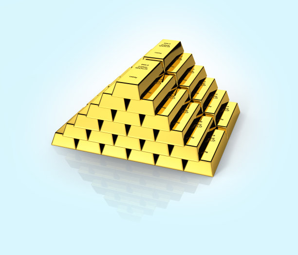 金条在蓝色渐变背景与反射光三维金字塔图片下载