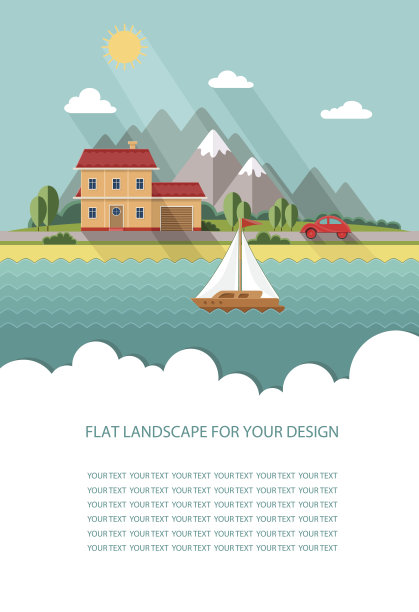 空白的文本。春天,夏天的风景。有小房子和树的小城市街道。平面矢量信息图设计图片下载