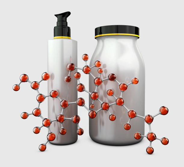 瓶子用透明质酸和透明质酸化学分子，广告设计化妆品模板，3d渲染图片下载