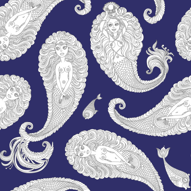 矢量无缝航海佩斯利图案从银灰色美人鱼剪影，珍珠，鱼，锚，海贝壳，morey，海盗与鹦鹉的帽子，在一个深蓝色的背景。黑白涂鸦。成人涂色书页，墙纸，t图片下载