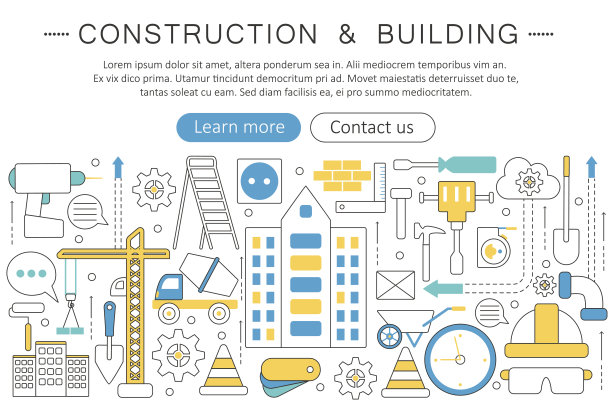 向量优雅的细线平面现代建筑和施工工具的概念。网站标题横幅元素布局。演示文稿、传单和海报。图片下载