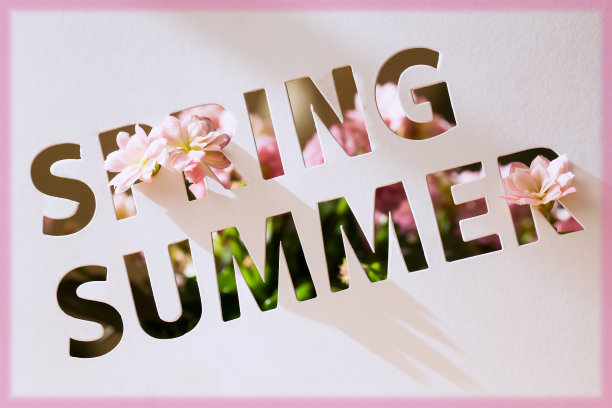 纸卡穿孔文字，剪纸风格，春夏文字，装饰粉色花朵。概念的季节性活动，促销零售概况，折扣图片下载