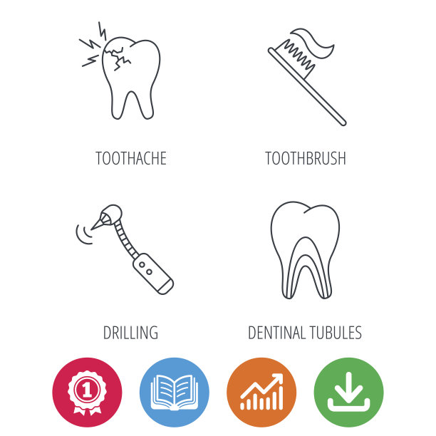 牙痛、钻孔工具和牙刷图标。图片下载