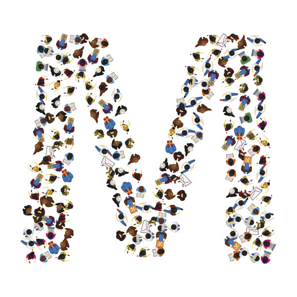 一群人以英文字母M的形状放在光的背景上。矢量插图。图片下载