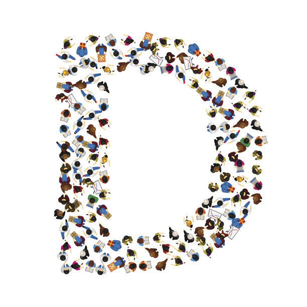 一群人以英文字母D的形状放在灯光背景上。矢量插图。图片下载