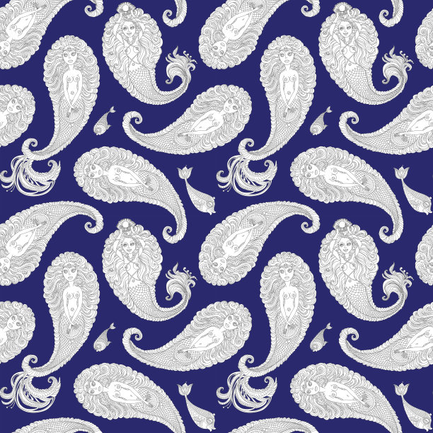 抽象无缝航海佩斯利图案从银灰色涂鸦美人鱼剪影，幻想海鱼，在深蓝色的背景。手绘草图，壁纸东方装饰，印花纺织品，包装纸，封面图片下载