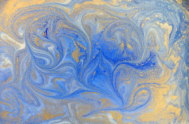 蓝色和金色的液体质地。水彩手绘大理石花纹插图。墨水大理石背景。图片下载