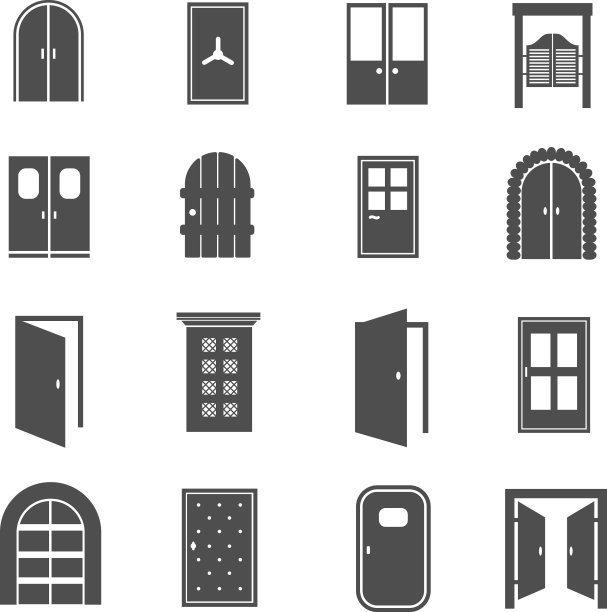 黑色的门图标。矢量打开和关闭，房子和安全门标志隔离在白色背景素材图片