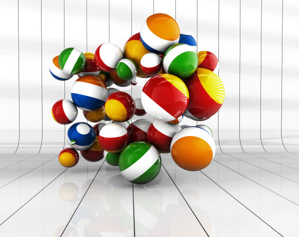 多色装饰球与反射地板，3d插图。图片下载