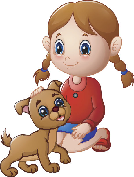 卡通小女孩抚摸着狗的头图片下载