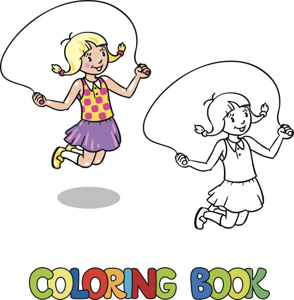 女孩用绳子跳绳。彩色书图片下载