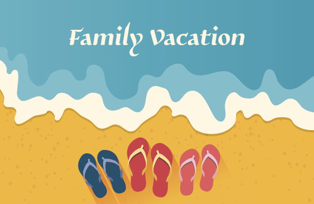 暑假矢量插画，沙滩家庭平底凉鞋概念设计图片下载