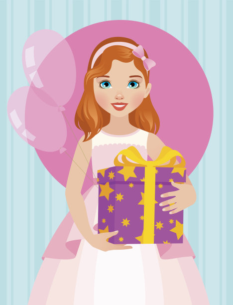 穿着漂亮裙子的小女孩拿着一盒生日礼物图片下载