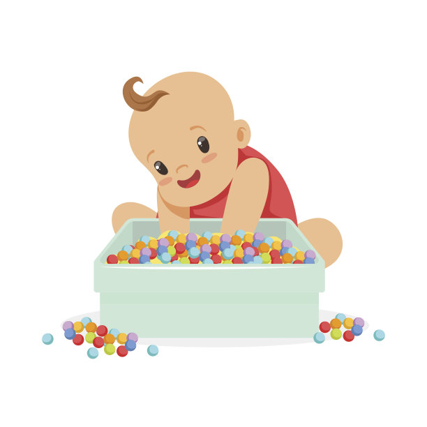 可爱快乐的宝宝坐着玩盒子里装满了五颜六色的小球，卡通人物矢量插画图片下载