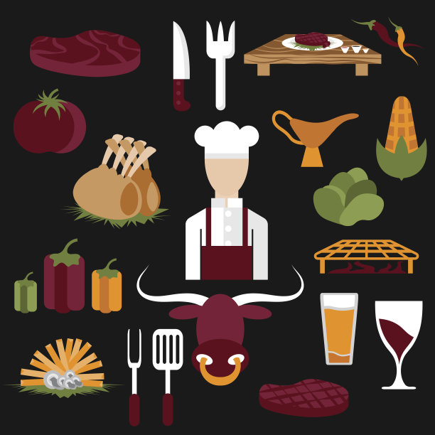 平面设计牛排馆食物元素和厨师的图标图片下载