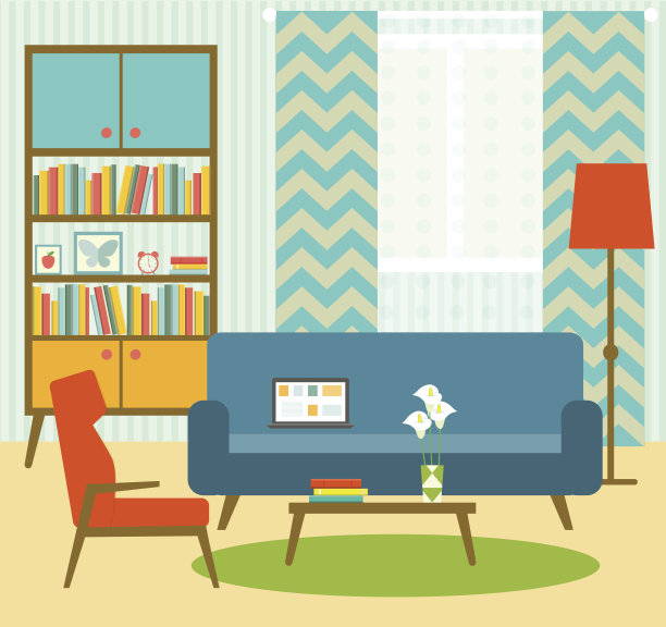 平底复古客厅。矢量图素材图片