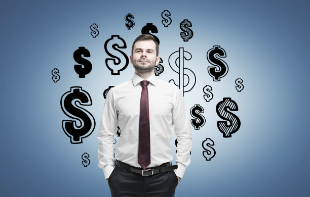 自信的男人和蓝色的美元标志图片下载