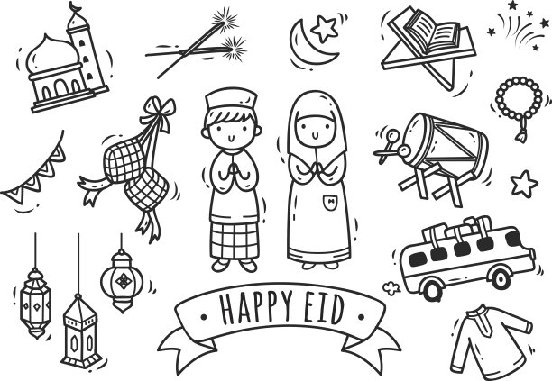 Eid mubarak或idul fitri涂鸦元素图片下载