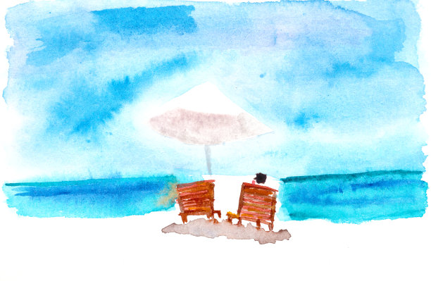 水彩插画：海洋伞下的躺椅上的人们图片下载