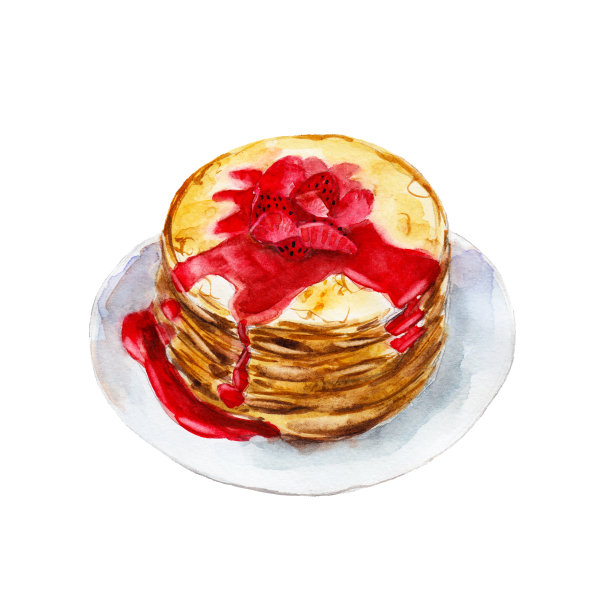 白色背景草莓糖浆薄煎饼水彩手绘插画素材图片