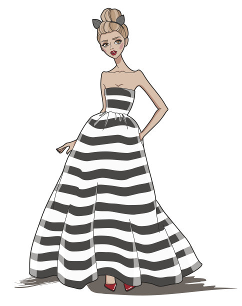 时尚女孩与猫耳头带。漂亮的金发女人穿着条纹裙子和红鞋。图片下载