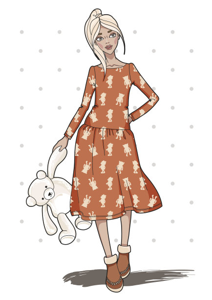 带着泰迪熊的时尚女孩。素材图片
