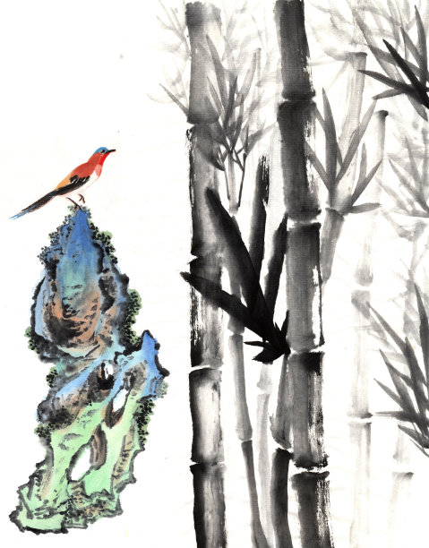 竹和石与鸟图片下载