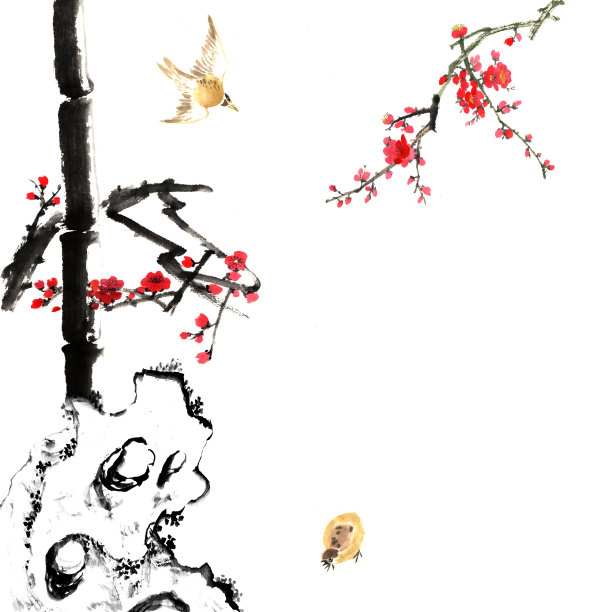 竹与梅开花，石与鸟图片下载