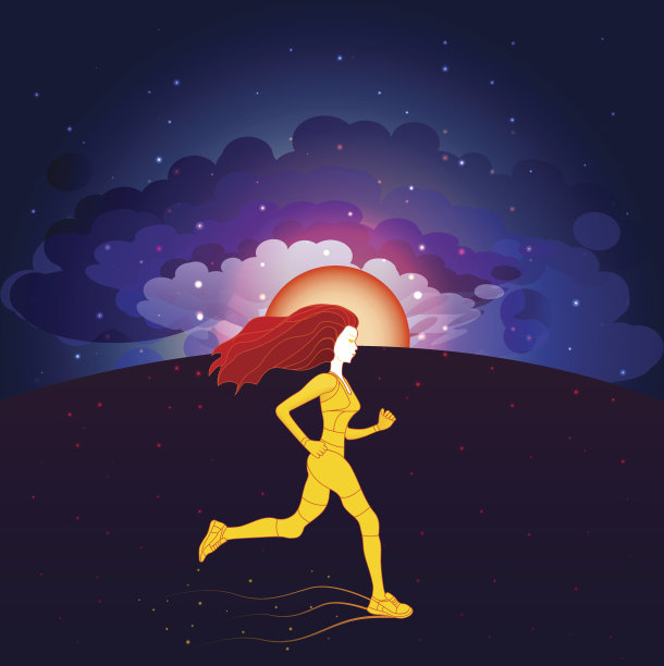 奔跑的女孩在早晨天空的背景图片下载